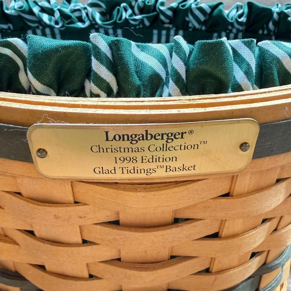 Longaberger 1998 Glad Tidings Christmas Basket Green Liner Protector USA Handle